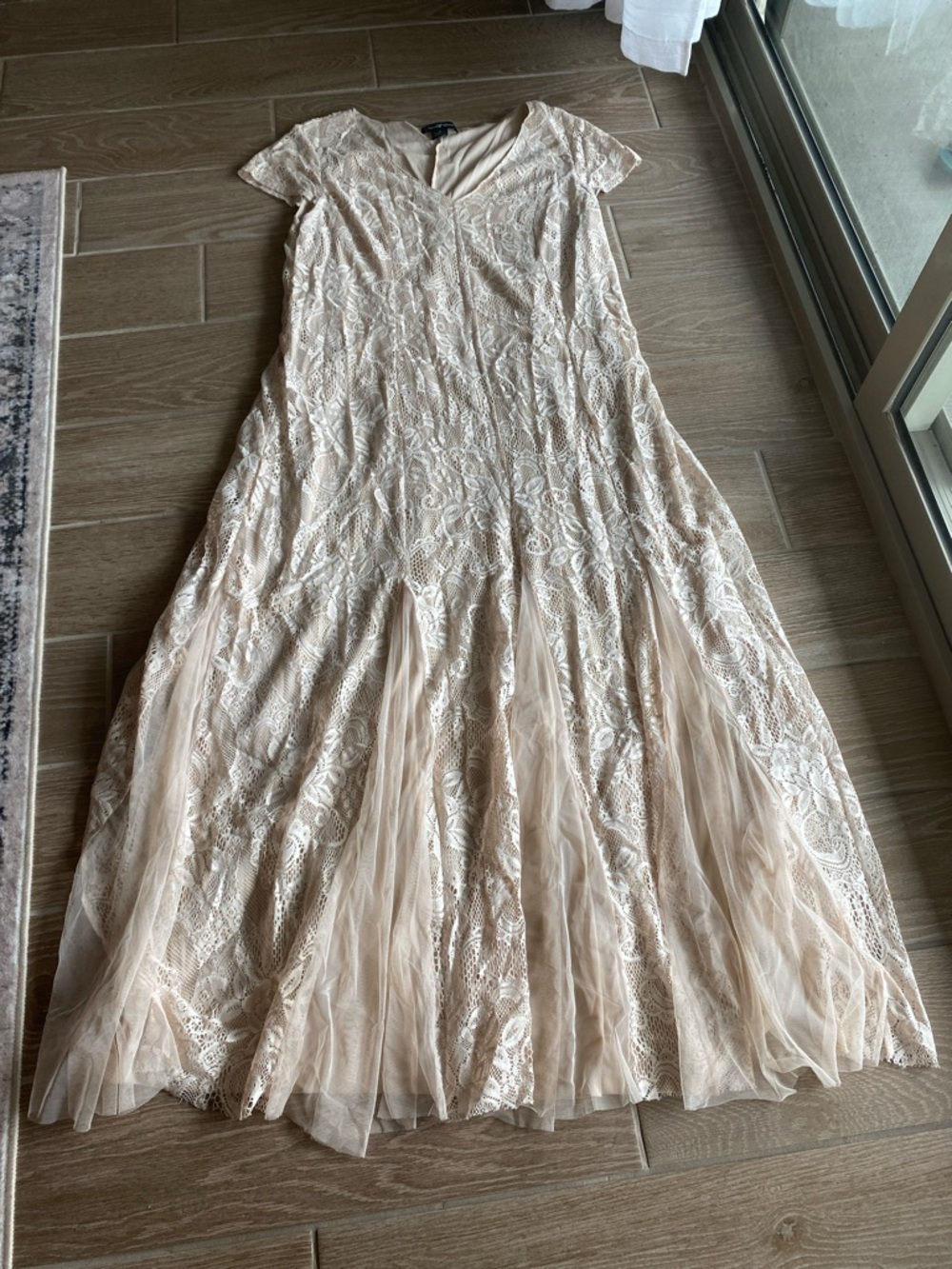 Charlotte Russe Lace V-Neck Maxi Dress in Light Beige